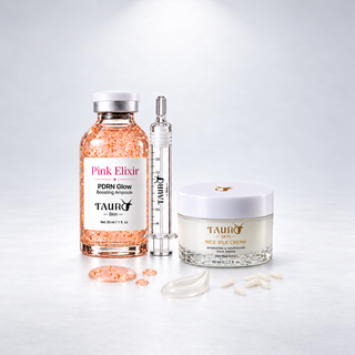Dúo Glow Ritual Tauro Skin con Pink Elixir, aplicador, Rice Silk Cream, arroz y texturas