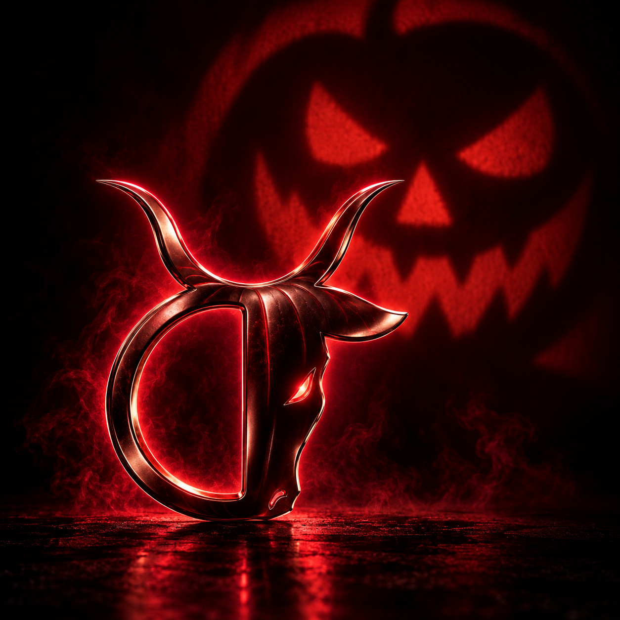 TAURO red bull emblem with a glowing Halloween pumpkin silhouette