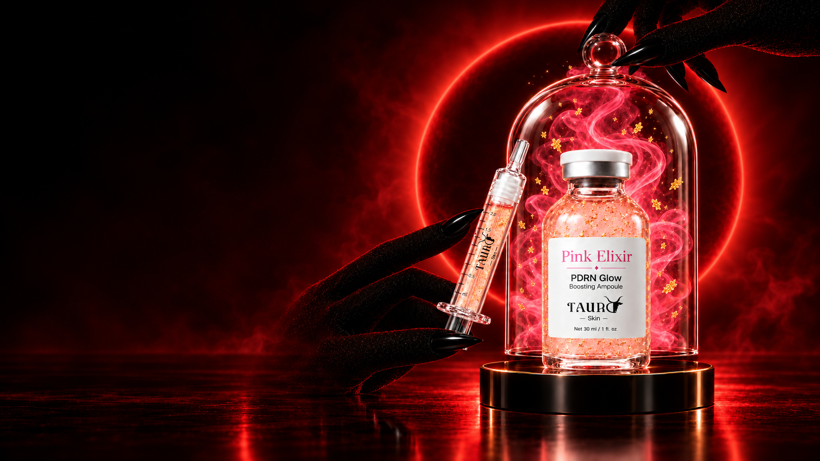 TAURO Pink Elixir PDRN Glow under glass with red smoke